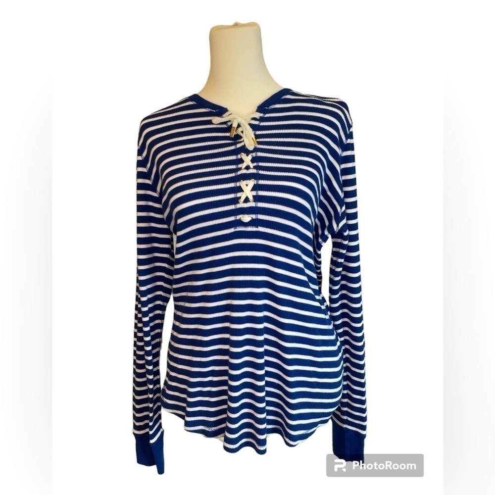 Lauren by Ralph Lauren Blue and White Knit Top - Large